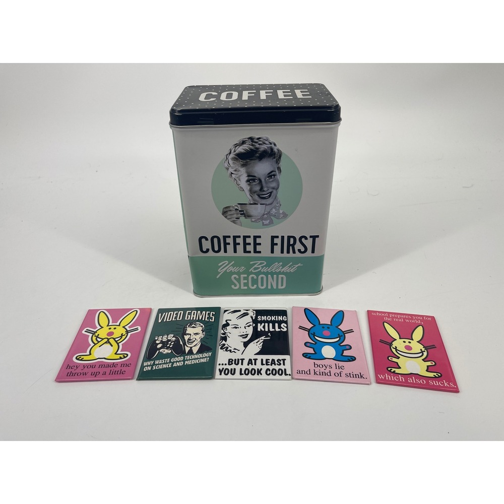 Nostalgic-Art Coffee First Tin & 5 Magnets Set Retro Vintage Style Happy Bunny